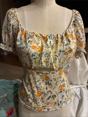 Square Neck Floral Puff Sleeve Top in White & Orange Coquette Smocking On Back